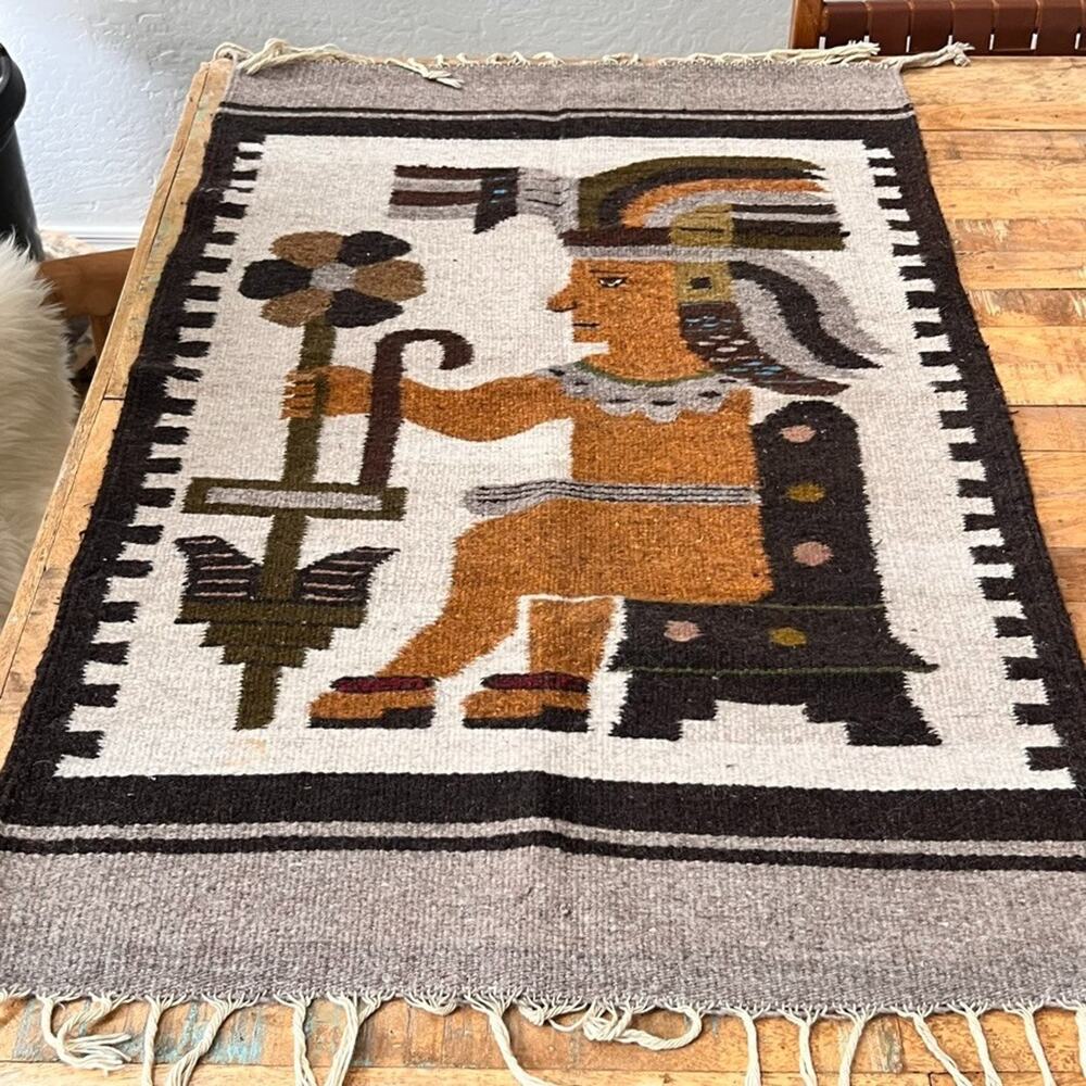 Vintage Handmade Tapestry or Throw Rug 25 x 38" Mexican Mayan or Aztec Totem